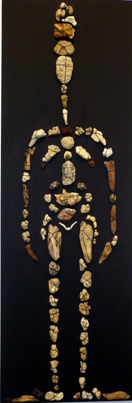 Preistorica, 2012  -150x50 cm - Sassi, creta, legni, pietra lavica, ossa cucite su tela